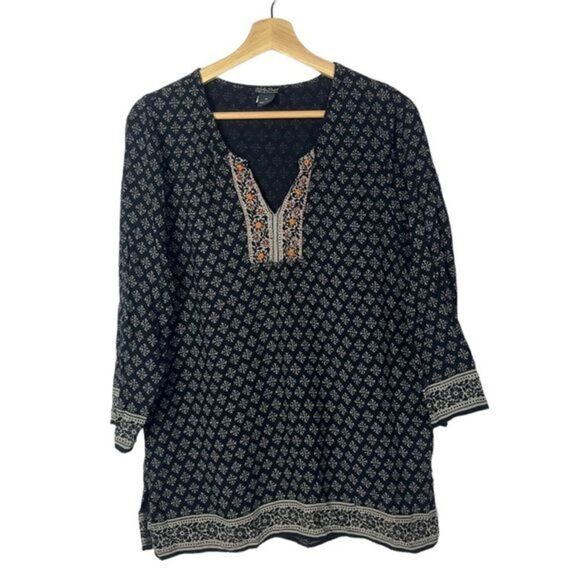 Lucky Brand Black Boho Printed Long Sleeve Blouse M - Picture 1 of 5